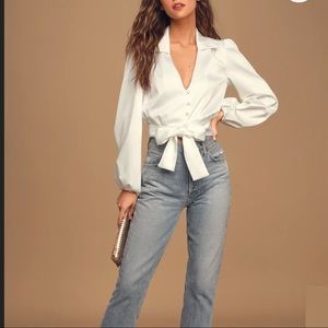 Lulu’s white satin button-up crop top